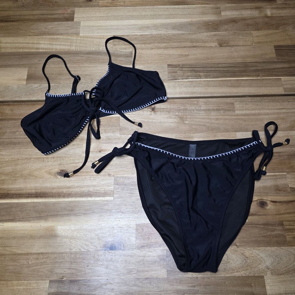 Women’s M Black Bikini Set White Whipstitch Tie Side Gold Tone Boho Swimwear
